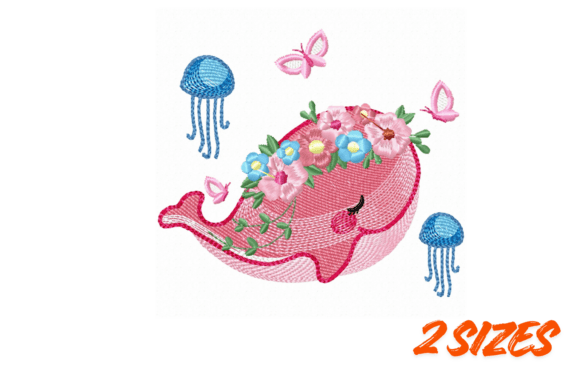 Floral Whale Ocean Embroidery Design