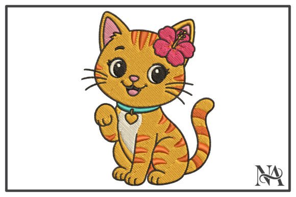Waving Cat Hibiscus Flower Embroidery